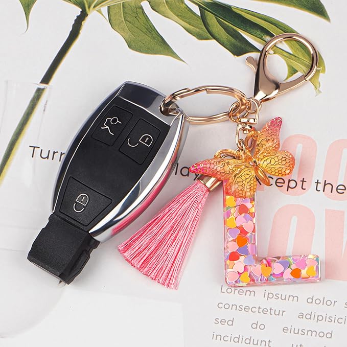 Suweibuke Colourful Cute Initial Letter Keychains for Women Girls with Tassel Butterfly, Charm for Purse Handbags Backpacks