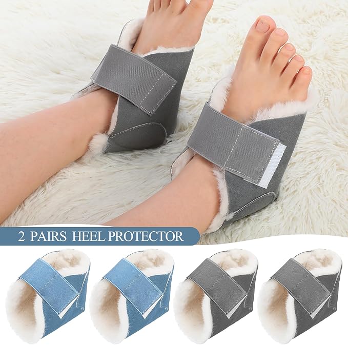 2 Pairs Heel Protector Boot Sheepskin Heel Protectors Soft Foot Cushions Pads with Securing Strap for Protect Feet Ankle Pressure Bed Sores(Gray, Blue)