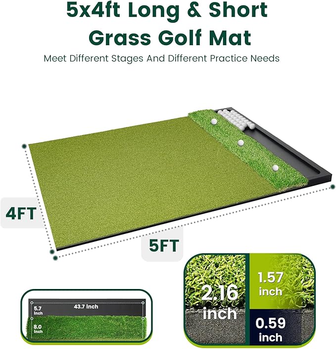 Golf Hitting Mat with Ball Tray 5x4ft - 6x4ft Dual-Turf Practice Mat for Indoor & Outdoor Use Golf Training Mat with Rubber Tee Holes, Suitable for Swing Driving & Chipping