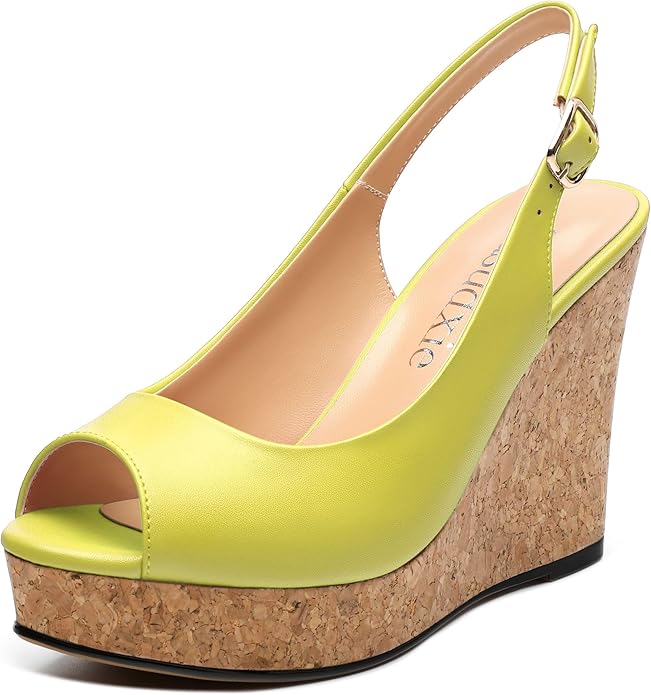 Womens Peep Toe Wedge Heels Matte Fashion Cork Slingback Pumps Platform Wedge Sandals 3.94 Inches