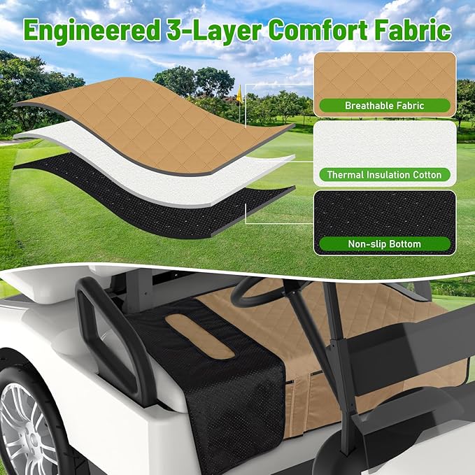 Kaskawise Golf Cart Seat Covers,Universal Golf Cart Seat Towel Blanket with 4 Front Pockets & Nonskid Bottom Fits for EZGO, Yamaha, Club Car DS Precedent and More 2 Person Seats Golf Carts (Brown)