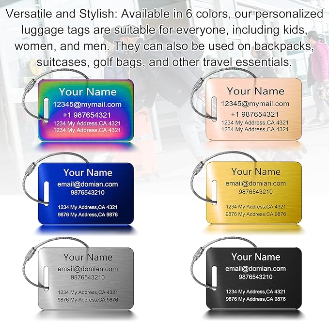 Stainless Steel Personalized Luggage Tags for Suitcases - Custom Name ID Travel Tags for Luggage, Backpacks and Bags - Metal Travel Essentials Accessories for Kids, Women and Men - Bulk Set (3 Pack)