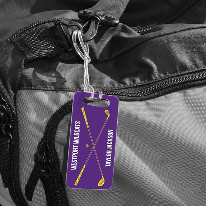 ChalkTalkSPORTS Golf Luggage & Bag Tag | Personalized Crossed Golf Clubs | Standard Lines on Back | Small | Purple/Yellow