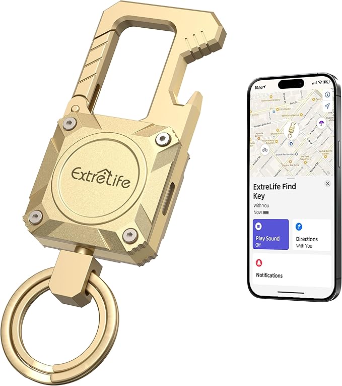 Keychain, Works with Apple Find My, Heavy Duty Keychain Bottle Opener, Carabiner Car Key Chains with GPS Tracker, Key Finder, Bluetooth Tracker for Luggage, Kids, Bags and More, Rechargeable, Gold