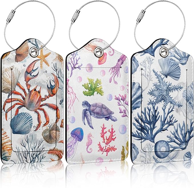 3 Pack Beach Coral Seashells Luggage Tags for Suitcase Crab Turtle PU Leather Travel Luggage Tag Privacy Cover ID Label for Women Men Baggage Backpack Handbag School Bag