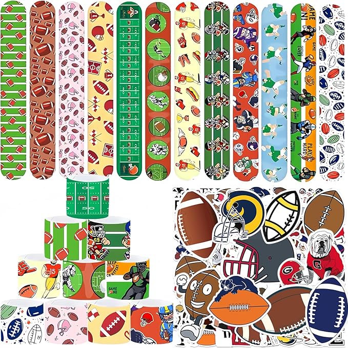 74Pcs Football Theme Party Favors Contain 24 Pcs Slap Bracelets 50Pcs Stickers, Sports Football Theme Birthday Party Decorations,Classroom Rewards Supplies.