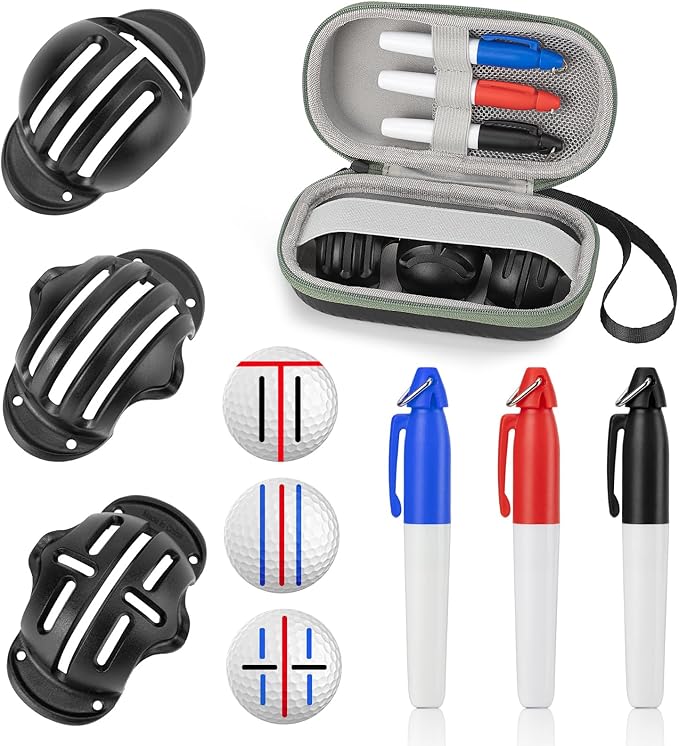 chfine Golf Ball Marker Set with 3 Golf Ball Marker Stencils and 3 Colors Golf Ball Markers, Golf Ball Line Marker Tool with Case, Golf Ball Alignment Marking Tool, Golf Accessories for Men and Women