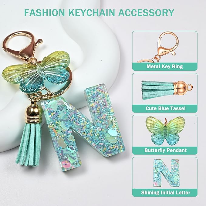 JINGUAZI Initial letter Keychains for Women Tassel Butterfly Pink Purple Cute Car Keychain for Wallet Backpack bag charm