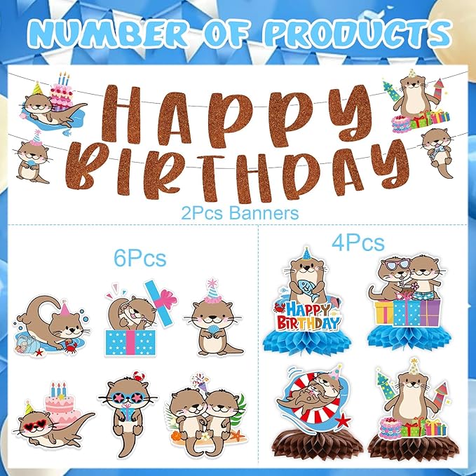 Otter Birthday Party Decorations - 12PCS Sea Otter Party Decorations Happy Birthday Banners Hanging Swirls Honeycomb Centerpieces Under the Sea Ocean Animal Themed Supplies Decor