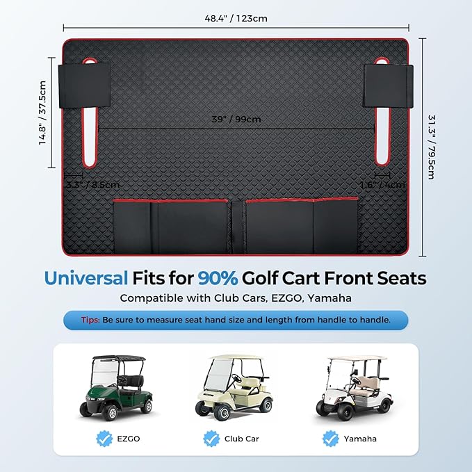 Tecoom Golf Cart Seat Covers, Universal Golf Cart Seat Towel Blanket with Armrest Strap 4 Pockets Non-Slip Bottom, Fits Club Car, EZGO, Yamaha, and More Front Seats, Protect Seats from Pet-Scratch Sun