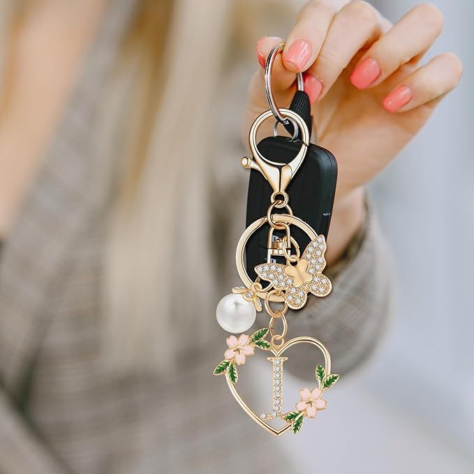 Gold Heart Initial Letter Keychain for Women Key chain Keyring for Purse Handbags Backpack Charm