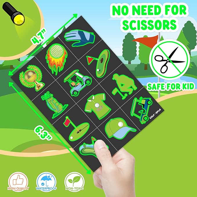 96 PCS Golf Sport Pre-Cut Luminous Glow in The Dark Temporary Tattoos | Super Cute Themed Birthday Party Favors, Supplies, Decorations, Green Sport Fake Tattoo Stickers Gifts for Boys Girls