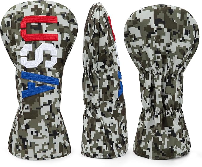 Golf Club Head Covers, Camouflage USA Design Golf Driver Covers, Fairway Wood and Hybrid Head Covers with Interchangeable Tags, Durable Canvas Material Golf Club Covers