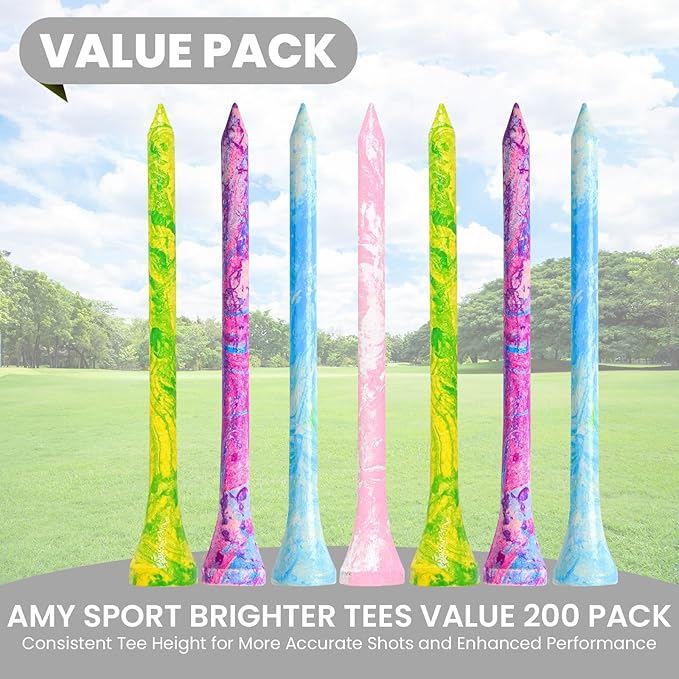 Amy Sport Golf Tees Styllish Bamboo Wooden Coloured Painted Bulk 200 Pack 1 1/2 3 1/4 2 3/4 Inch Tee, Enhanced Visibility Color Purple Pink Green Blue, Practice for Men Women