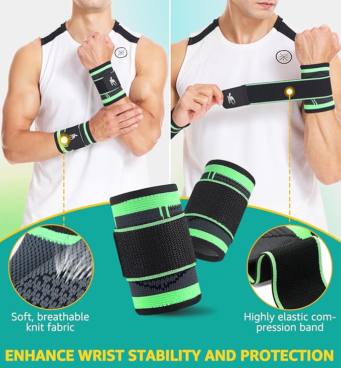 HiRui Wrist Brace Wrist Wraps Compression Wrist Strap, Wrist Support for Work Fitness Weightlifting Sprains Tendonitis, Carpal Tunnel Arthritis, Pain Relief, Adjustable Wristbands 2 PACK (Green, L)