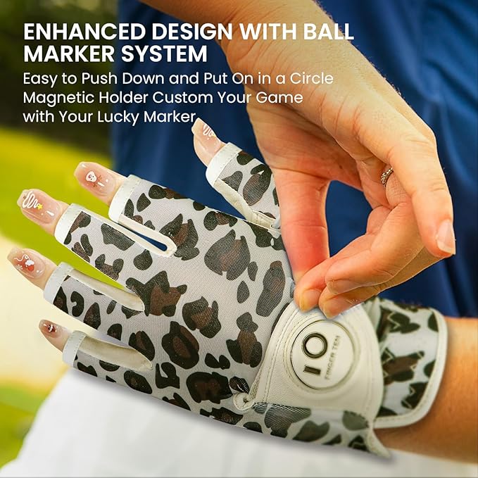 FINGER TEN Stylish Golf Gloves Women with Ball Marker 1 Pack for Left or Right Hand, Breathable Glove with Fashion Patterns for Ladies Right Left Handed Golfer