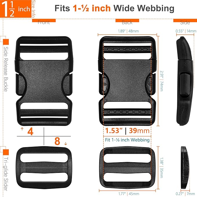 1-1/2" Straps and Buckles Set: 6 yard Nylon Webbing 1.5 inch (38 mm) Wide, 4 pack Side Release Buckle, 8 pcs Tri-Glide Sliders, Plastic Clip Fasteners Replacement Heavy Duty Dual Adjustable No Sew