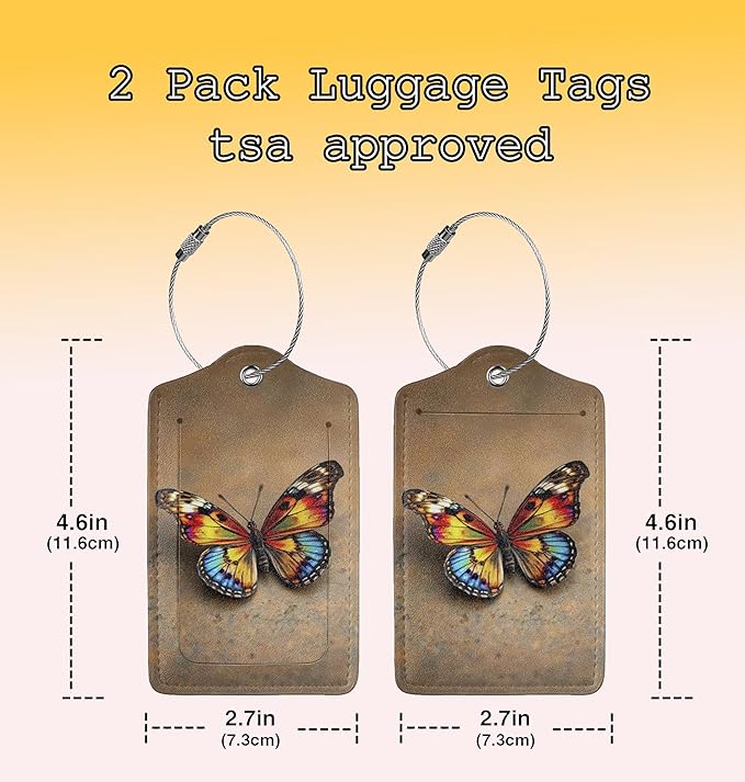 TSA Approved Luggage Tags for Suitcases Colorful Butterfly 2 Pack Funny Leather Carnival Cruise Airport Cute Travel Name Tags Golf Bag tag Ships Essentials Privacy Cover ID Label for Women Men