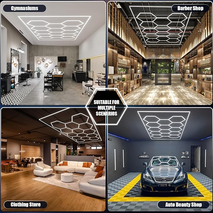 JTT Hexagon Garage Lights, 736W 73600LM LED Garage Hexagon Lights,6500K Super Bright Car Detailing Ceiling LED Shop Light for Basement, Warehouse, Auto Beauty Shop, Car Detailing Shop, Gym etc