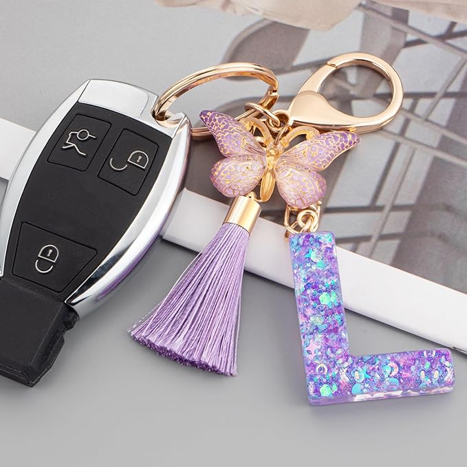 Suweibuke Colourful Cute Initial Letter Keychains for Women Girls with Tassel Butterfly, Charm for Purse Handbags Backpacks