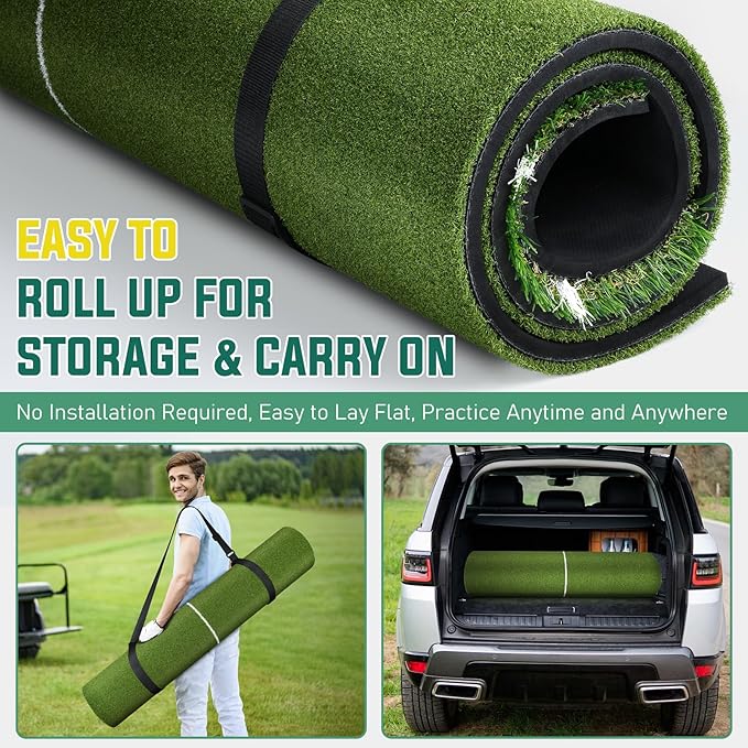 Dual Turf Golf Mat - Practice Indoor/Outdoor, 5 x 4 ft Hitting Mat with Alignment Lines, 9 Tees & Balls Accessories for Swing, Chipping, Putting