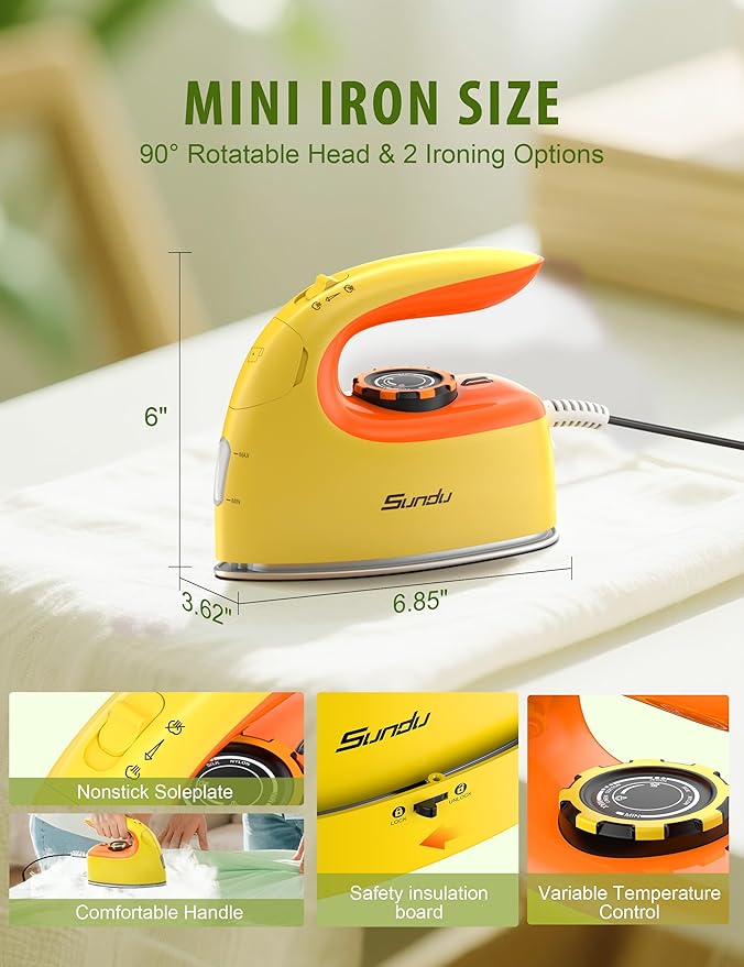 Sundu Mini Travel Iron with Steam,1000W Portable Non-Stick Soleplate Steam Samll Iron for Quilting & Sewing,300 Microsteam Holes,90ml water tank,lockable safety base,Digital Temperature Control-Yellow