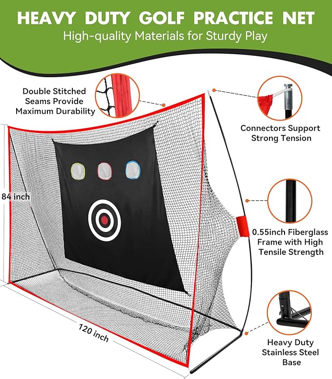 Golf Net: 10x7ft Heavy Duty Golf Practice Net for Indoor/Outdoor Training, Portable Golf Hitting Net with Carry Bag, Ideal Golf Training Aid for Golfers Backyard Driving Chipping Swing (Standard)