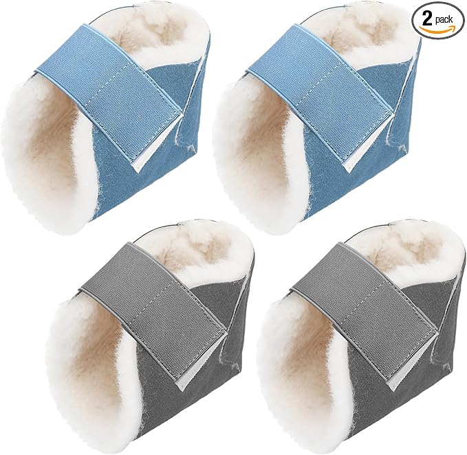 2 Pairs Heel Protector Boot Sheepskin Heel Protectors Soft Foot Cushions Pads with Securing Strap for Protect Feet Ankle Pressure Bed Sores(Gray, Blue)