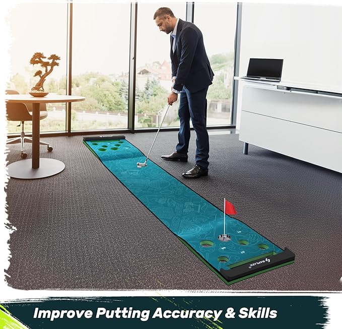 SAPLIZE Golf Putting Mat/Putting Green Mat - Adjustable Slope, Trajectory Tracking, Automatic Ball Return & Pong Game Modes |Portable Practice Green for Home, Office, Indoor & Outdoor