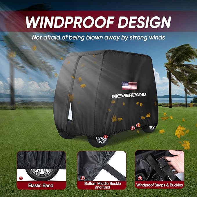 NEVERLAND Golf Cart Cover - Waterproof Golf Cart Covers - Fits for Yamaha Golf Carts EZ GO Club Car - Outdoor Windproof Sunproof (Black + Flag, Fit for 2+2/4 Passenger Cart)