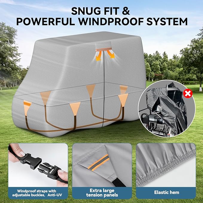 Tuszom 100% Waterproof 1200D Solution-Dyed Golf Cart Cover Universal Fit Yamaha,Honda,Club Car,EZGO and Most Brand Golf Cart for 2/2+2/4/4+2/6 Seats with Zipper Door,Storage Bag