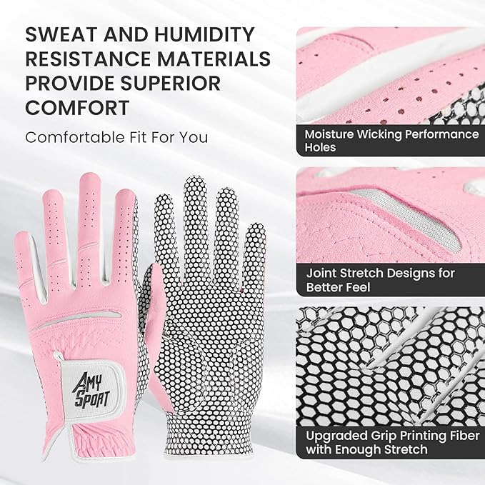 Amy Sport Golf Gloves Women's Upgrade Rain Grip Left Hand Weathersof Value 2 Pack, Right Handed Golfer Hot Wet All Weather Glove for Women Girls Ladies, Fit Size Small Medium Large