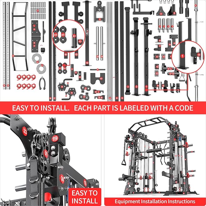 Smith Machine，Multi-Function Squat Rack Power Cage with Cable Crossover System,with Optional Weight Bench, Olympic Barbell Weight Set, for Home Gym
