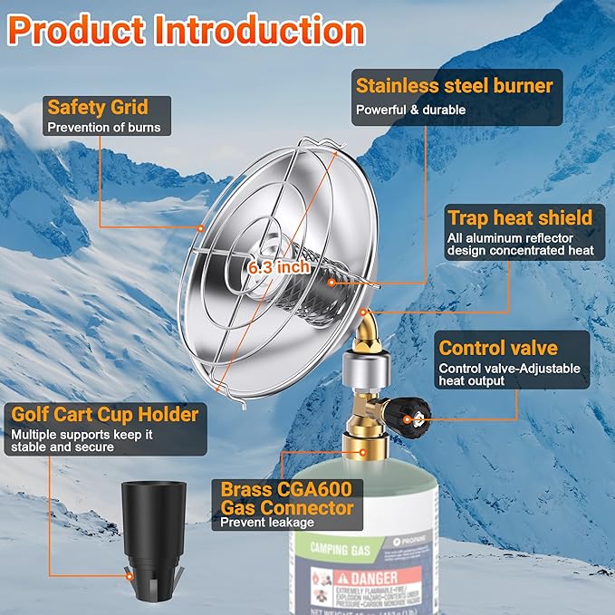 Propane Golf Cart Heater 9,200BTU Portable Heater with Windproof Lighter for Tents Camping with Golf Cart Cup Holder for EZGO Yamaha Club Car Most Golf Cart(Fuel Cylinder not included)