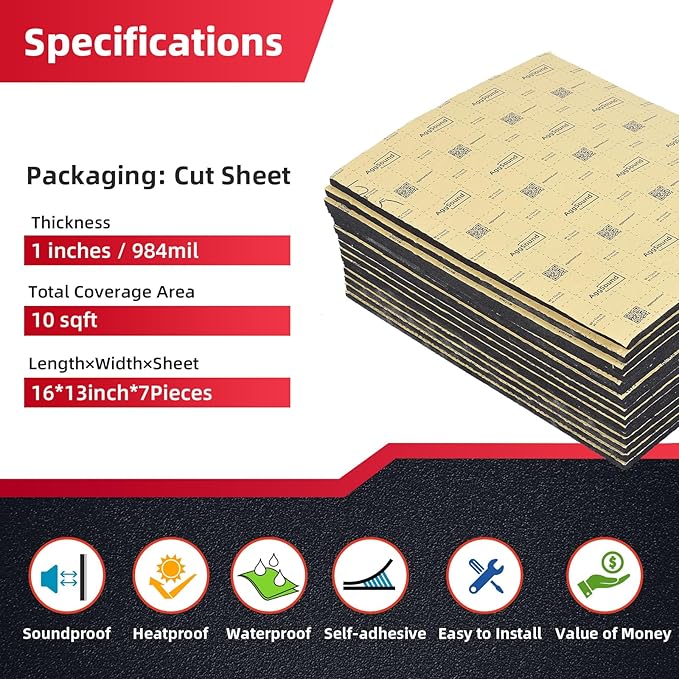 Sound Deadening Mat 1inch(25 mm) 9.95sqft - Closed Cell Foam Car Sound Deadening Material - Self-Adhesive Hood Insulation Heat Shield Auto Sound Dampening