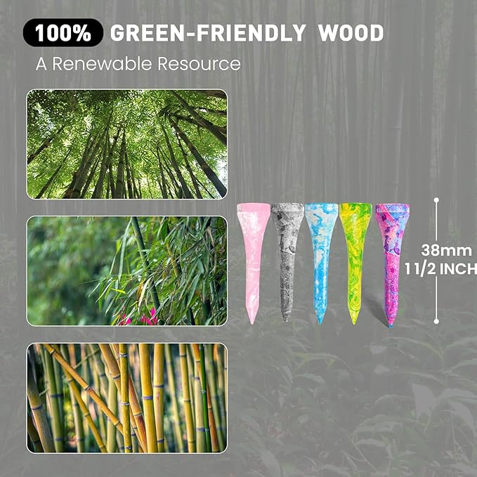 Amy Sport Golf Tees Styllish Bamboo Wooden Coloured Painted Bulk 200 Pack 1 1/2 3 1/4 2 3/4 Inch Tee, Enhanced Visibility Color Purple Pink Green Blue, Practice for Men Women
