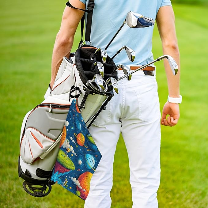 Funny Golf Towel with Carabiner Clip 24"x16" Cute Navy Blue Universe Planet Space Golf Towels for Golf Bags Microfiber Waffle Cartoon Golf Rag for Disc Balls Clubs Golfs Accessories for Men Women Dad