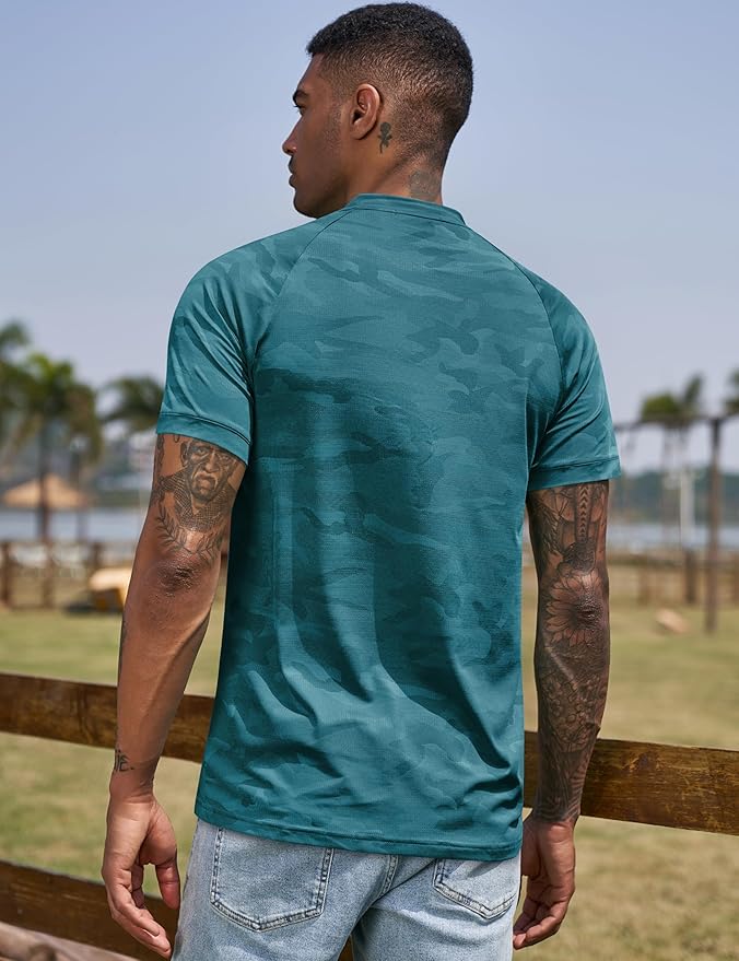 TAPULCO Mens Collarless Golf Shirts Short Sleeve Dry Fit Stretch Casual Breathable Lightweight Tshirts