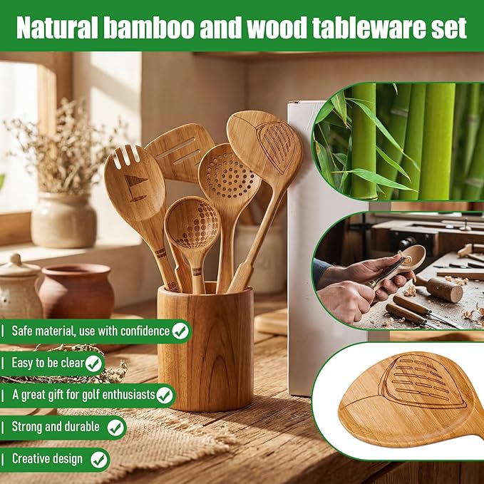 5 Pcs Golf-club Style Kitchen Utensil Set Bamboo Spatula Soup Spoon Fun Golf Themed Kitchen Utensil Set for Gift Funny Birthday Gifts for Men Women Golfers Christmas Birthday