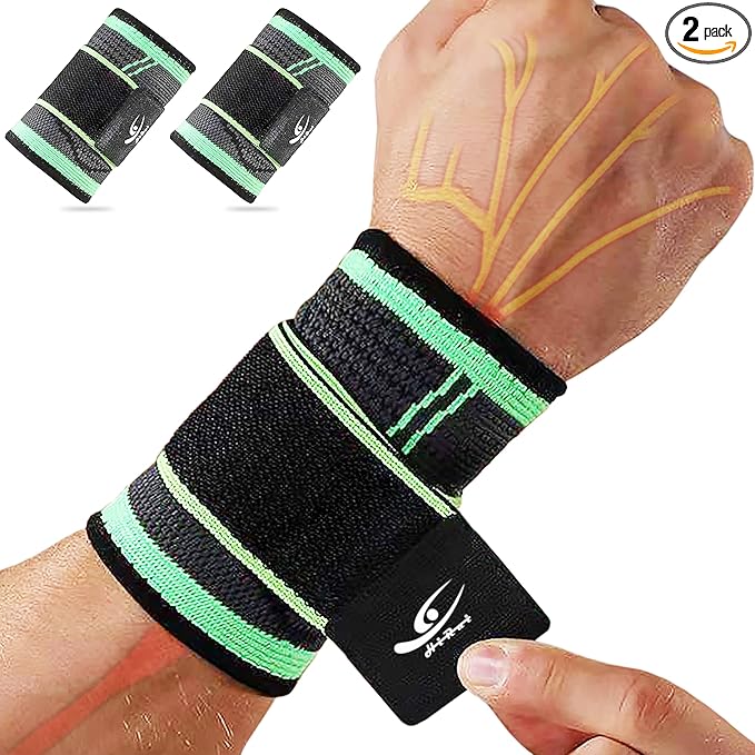 HiRui Wrist Brace Wrist Wraps Compression Wrist Strap, Wrist Support for Work Fitness Weightlifting Sprains Tendonitis, Carpal Tunnel Arthritis, Pain Relief, Adjustable Wristbands 2 PACK (Green, L)