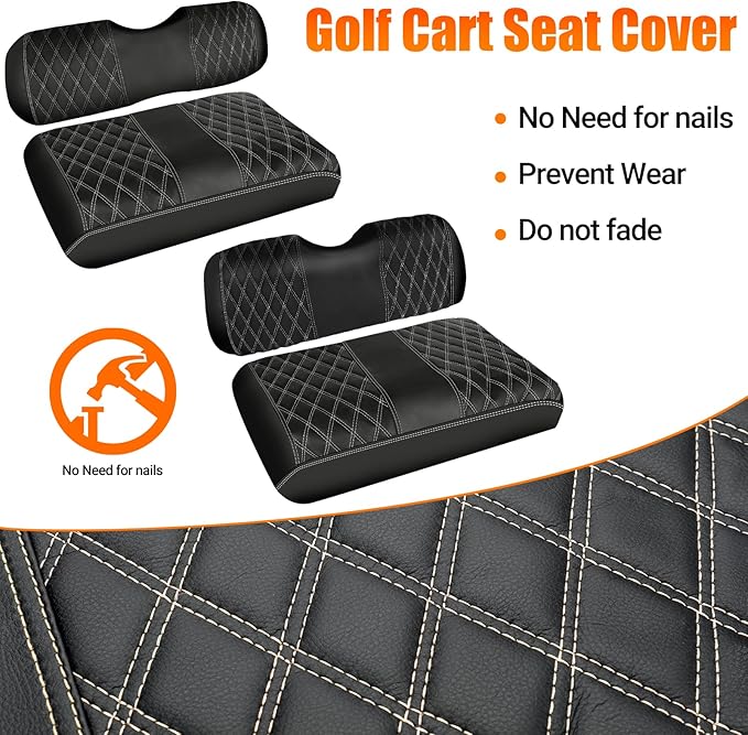 4PCS Waterproof Leather Golf Cart Seat Covers Compatible with EZGO TXT 1994-2013 Front & Aftermarket Rear Seat Kits | Beige Stitching | No Staple Installation