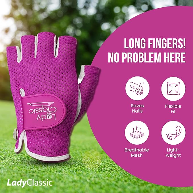 Mesh Half Golf Glove for Women – Premium Cabretta Leather Palm, Breathable Mesh Back, Half-Finger Design Ladies Golf Glove for Enhanced Grip & Comfort