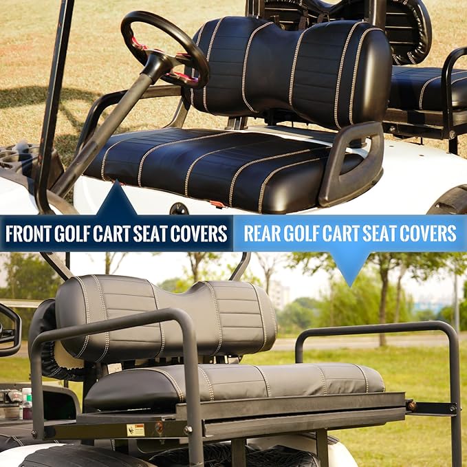 Golf Cart Seat Covers fits Club Car Precedent/DS/EZGO RXV/TXT/Yamaha Front Rear Seat Cushion，Black Leather Custom Stripe Soft Comfortable/Anti-Scratch/Easy to Clean