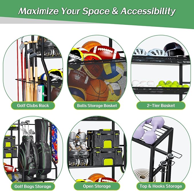 Large Sports Organizer for Garage, Ball Storage Rack Garage Sports Equipment Organizer with Side Racks, Baskets, Hooks, Multi-Purpose Golf Gear Storage for Gym Indoor Outdoor