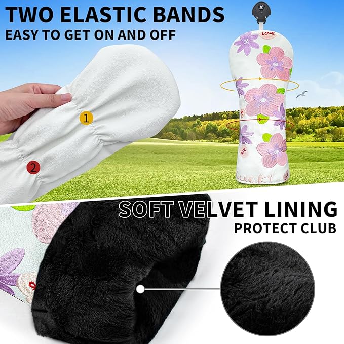 Golf Head Cover Golf Club Peach Blossom Design Golf Covers PU Headcovers Set Fits Driver Fairway Wood Hybrid Utility Woods Iron Wedge Headcover.