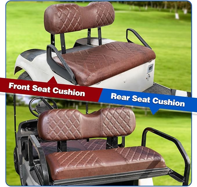 NOKINS 4PCS Golf Cart Diamond Seat Covers Kit, Front&Rear Seat Covers Fits EZGO TXT 1994-2013/EZGO RXV Standard Seat Cushion, EZGO Vinyl Seat Cover Accessories, No Staples(Brown Brown 8438)
