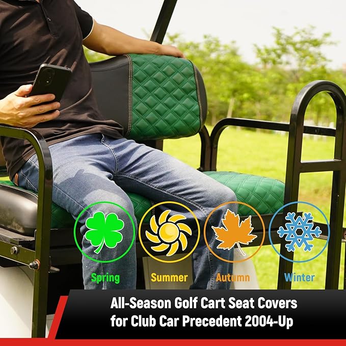 Golf Cart Front and Rear Seat Covers Waterproof and Sun Resistant Marine Grade Vinyl Leather Seat Cover Accessories for Club Car Precedent 2004+, Green(4PCS)
