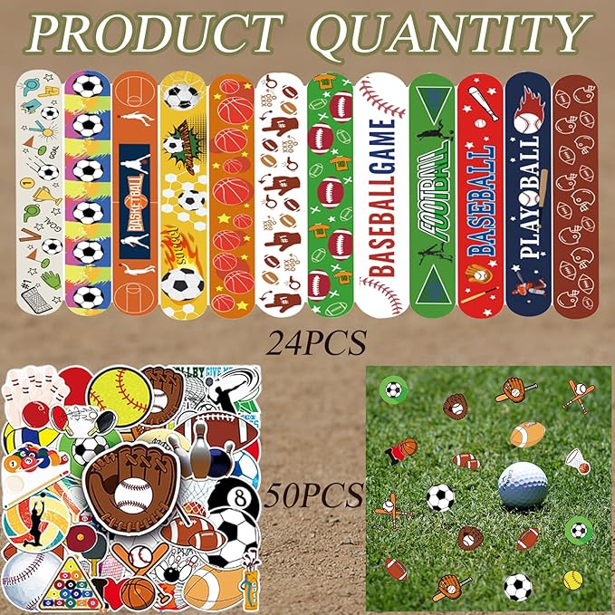 74Pcs Sports Theme Party Favors 24 Pcs Ball Theme Slap Bracelets 50 Pcs Sport Theme Stickers ，Sports Party Team Gift Fillers School Classroom games Rewards Supplies