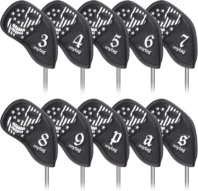 mytag Skull Skeleton Golf Head Covers Black Synthetic Leather Golf Headcovers Set Fits Driver Fairway Wood Hybrid/Utility Putter Iron Wedge Headcover