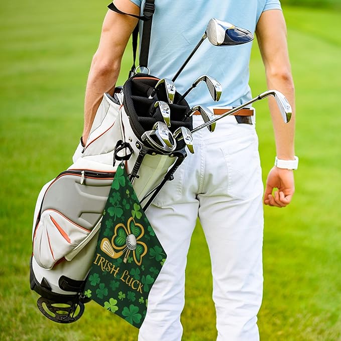 Irish Green Golf Towel with Carabiner Clip 24"x16" Lucky Leaf Floral Golf Towels for Golf Bags Microfiber Waffle Shamrock Golf Rag for Disc Balls Clubs Golfs Accessories for Men Women Dad
